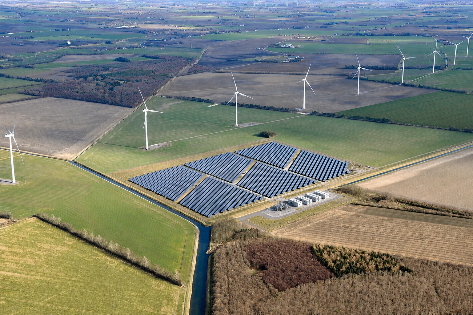 Nordic renewable energy landscape with wind, solar and battery storage